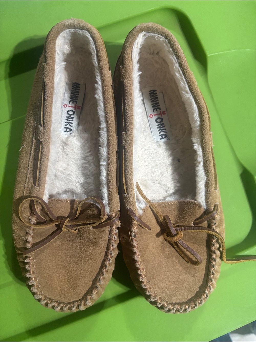 Minnetonka Tan Suede Faux-Fur Lined Moccasins